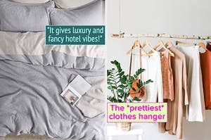 overhead shot of a gray duvet cover on a bed with a positive review quote / a branch clothes hanger hanging from a ceiling with text: the *prettiest* clothes hanger