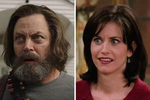 On the left, Bill from The Last of Us, and on the right, Monica from Friends