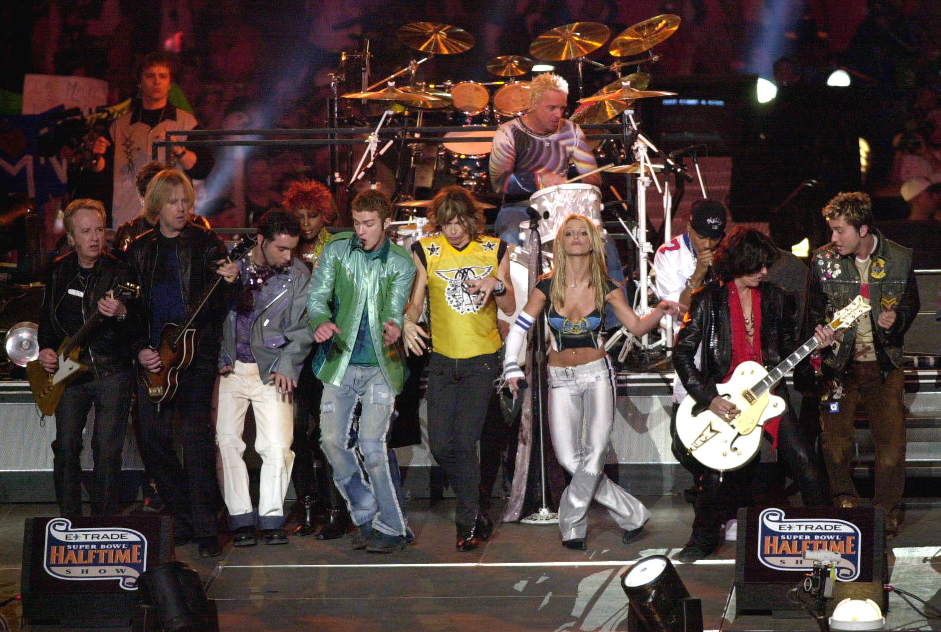 NSYNC, Aerosmith and Britney Spears all perform during the halftime show for Super Bowl XXXV