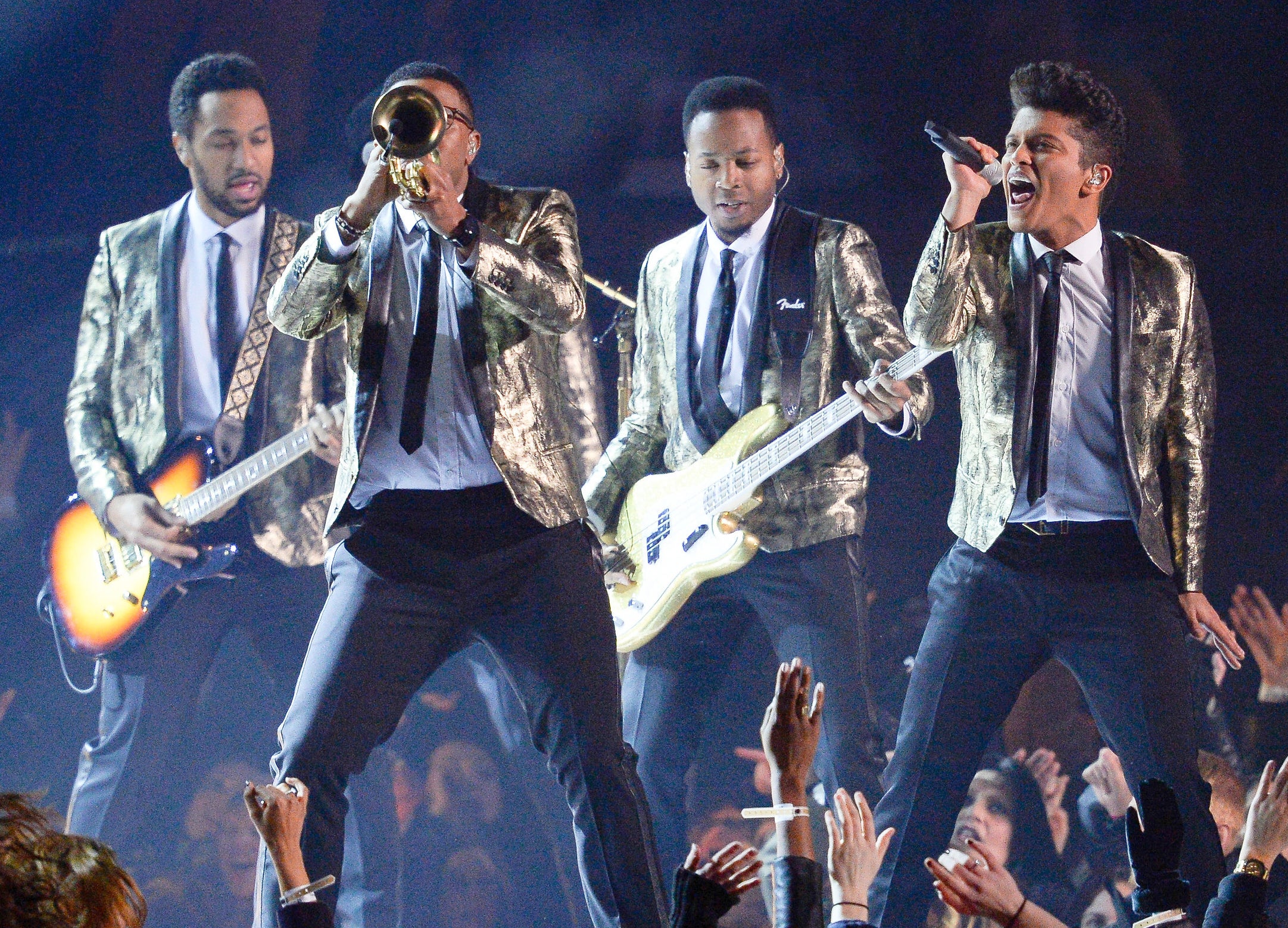 Bruno Mars performs in the Superbowl Halftime Show during Super Bowl XLVIII