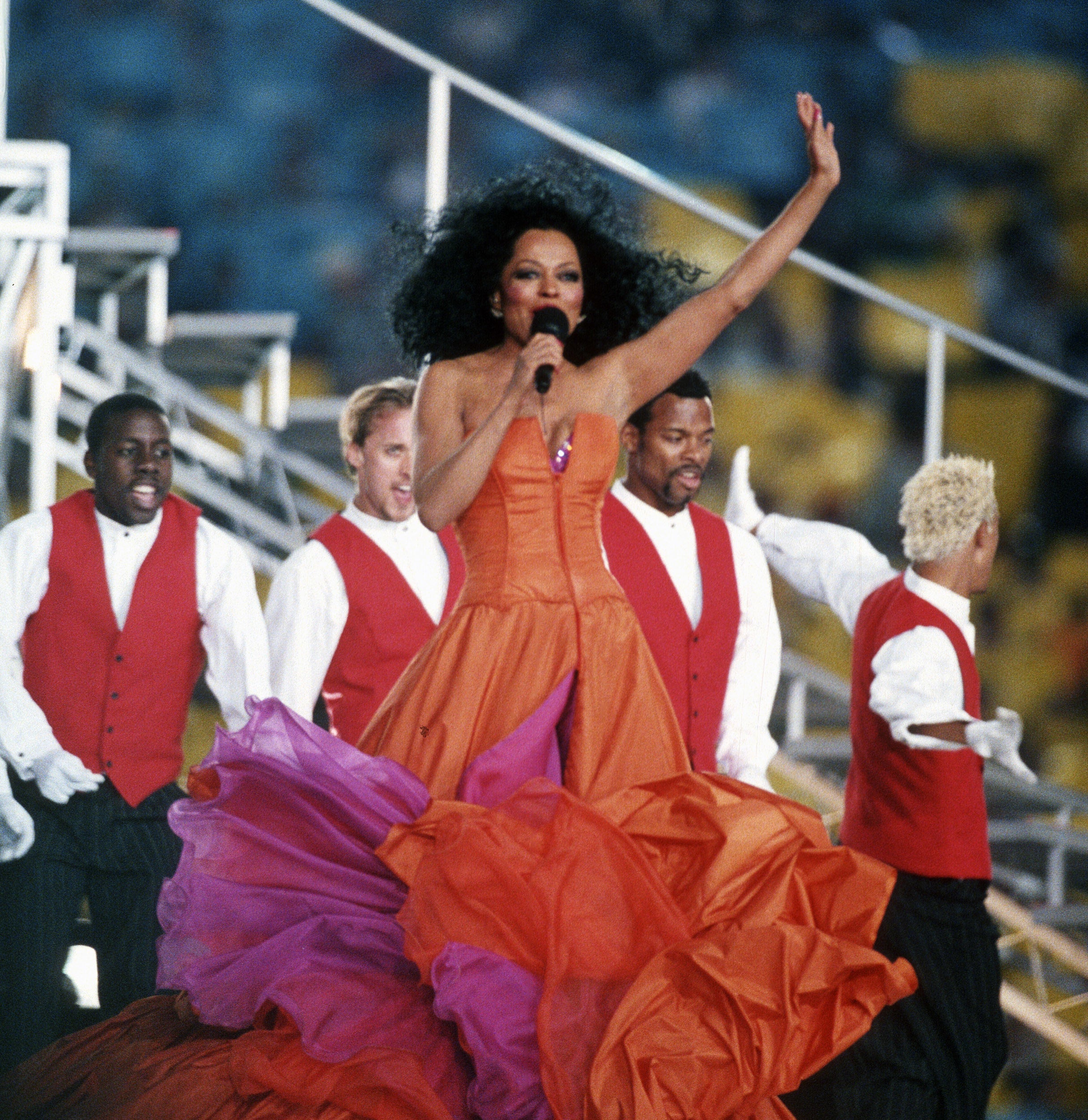 Diana Ross preforms during haft time of Super Bowl XXX between the Dallas Cowboys and Pittsburgh Steelers on January 28, 1996 at Sun Devil Stadium in Tempe, Arizona