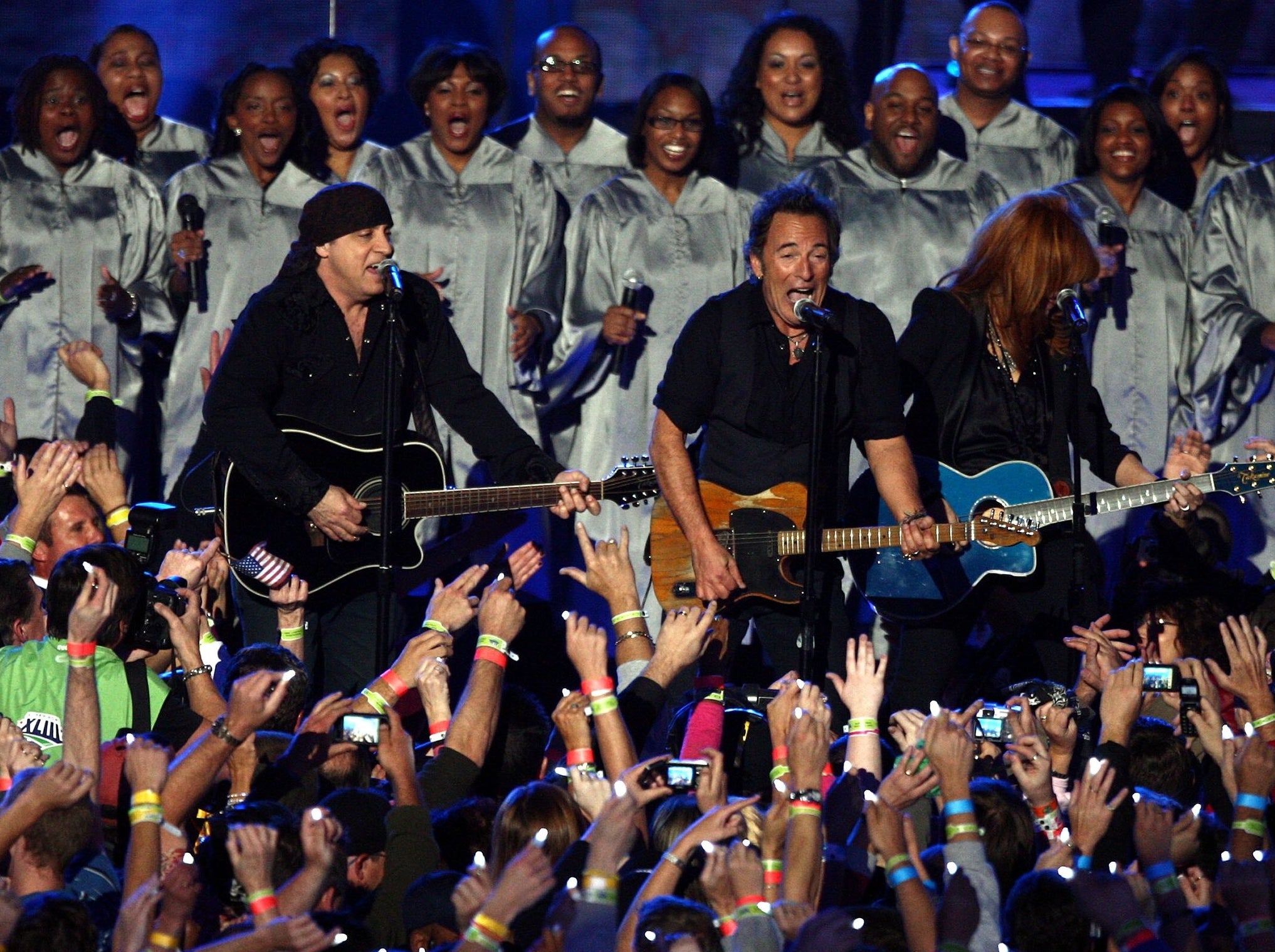 Bruce Springsteen and the E Street Band perform at the Bridgestone Halftime Show during Super Bowl XLIII
