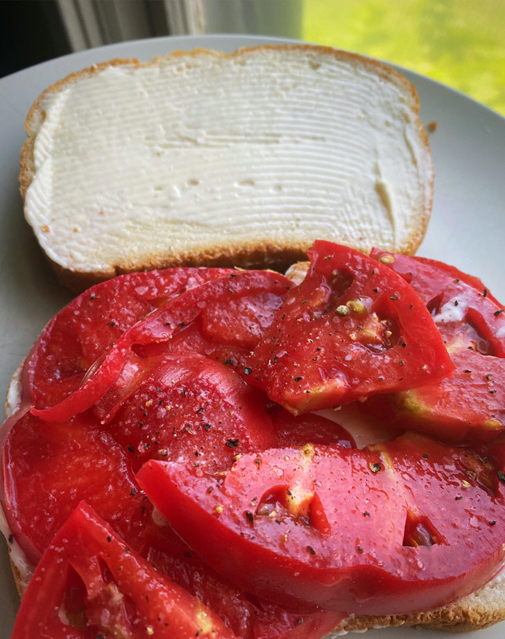 A tomato and mayonnaise sandwich