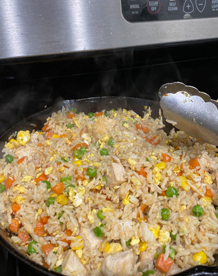 Chicken fried rice in a skillet