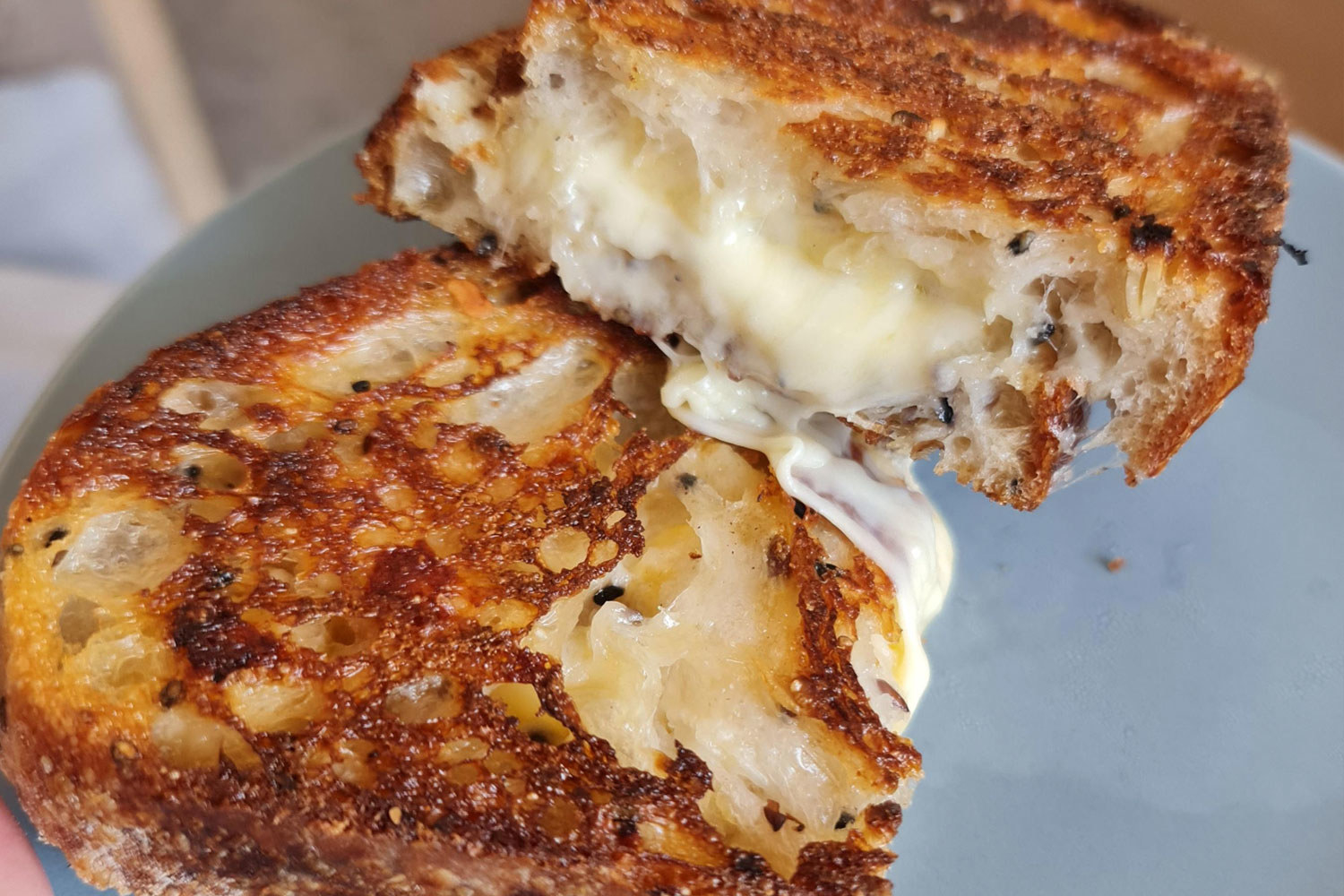 A grilled cheese sandwich on sourdough bread