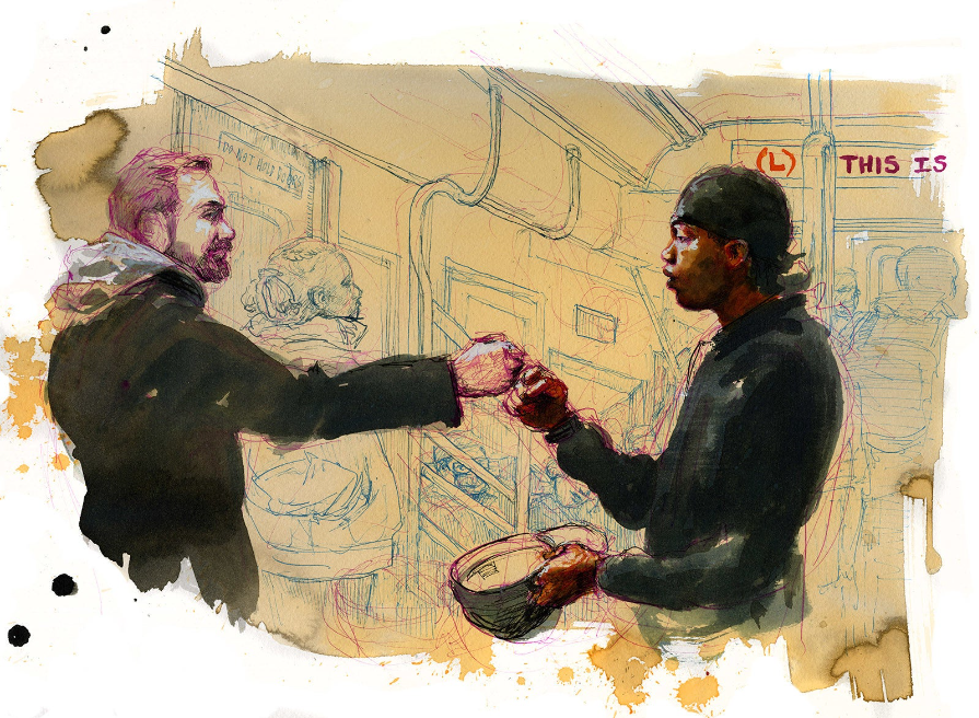 An illustration shows two men fist-bumping on a crowded subway, one holding out a cap for donation money