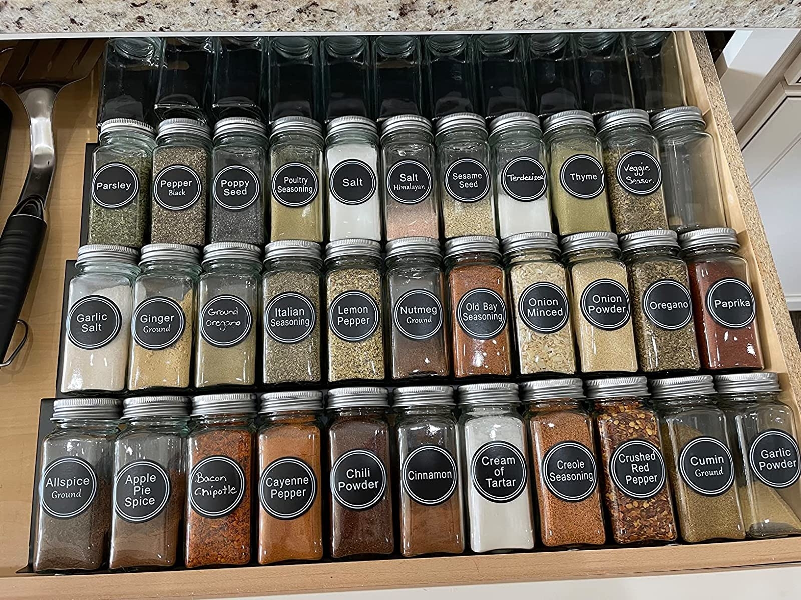 Reviewer image of spices organized in their drawer