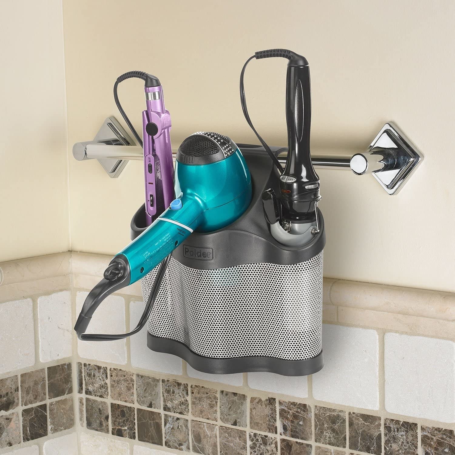 The styling station holding hair tools and hanging from a towel rack