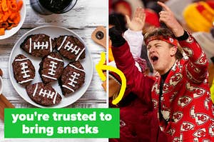 two images: on the left is a plate of brownies in the shape of footballs, on the right is a man wearing a jacket that says "KC" all over it. he's cheering with his mouth open wide, eyes squinting