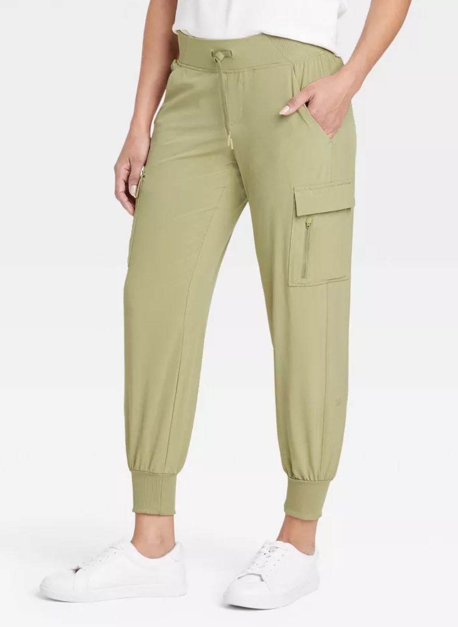 model wearing olive green woven pants