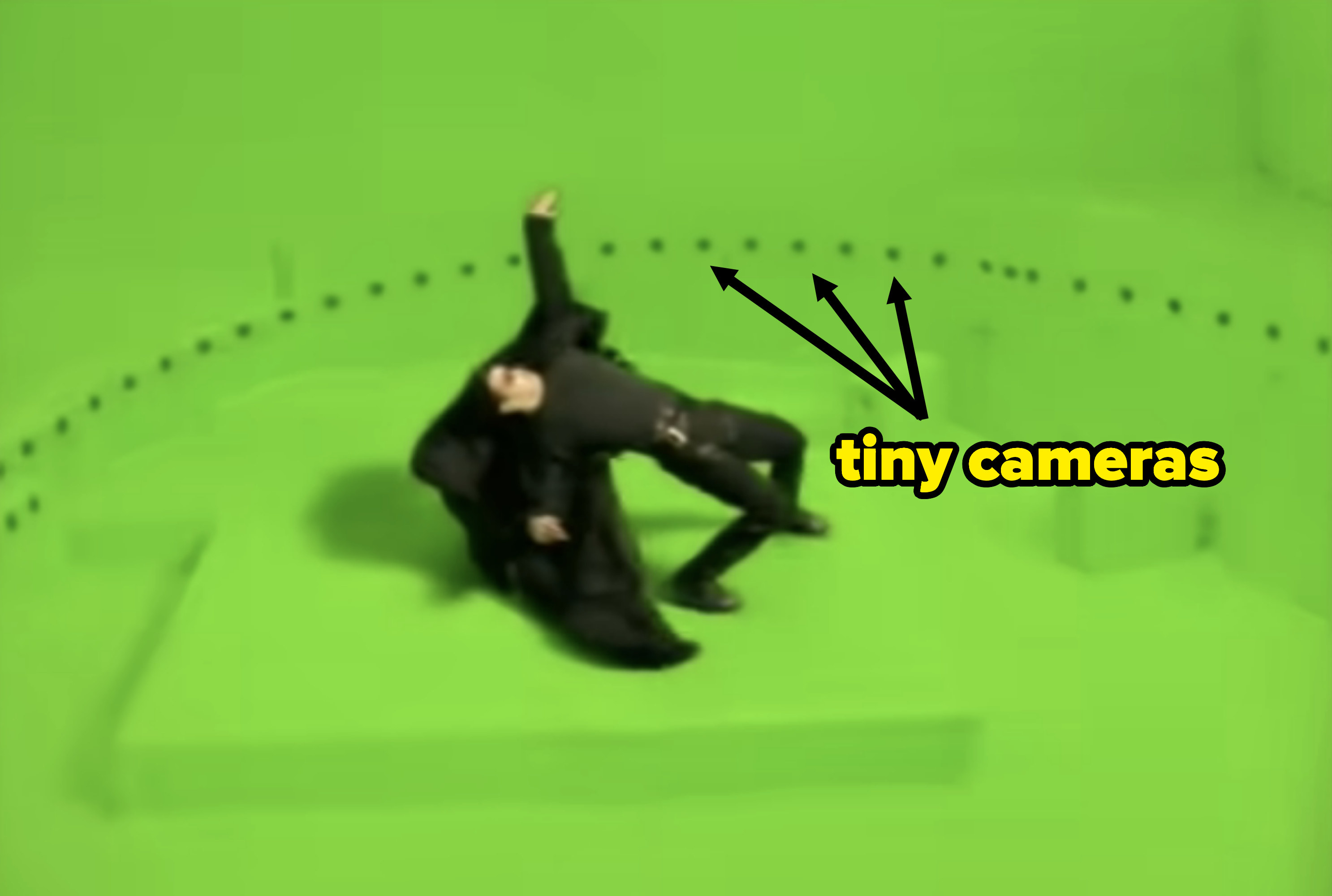 keanu leaning back with arrows pointing to the tiny cameras surrounding him