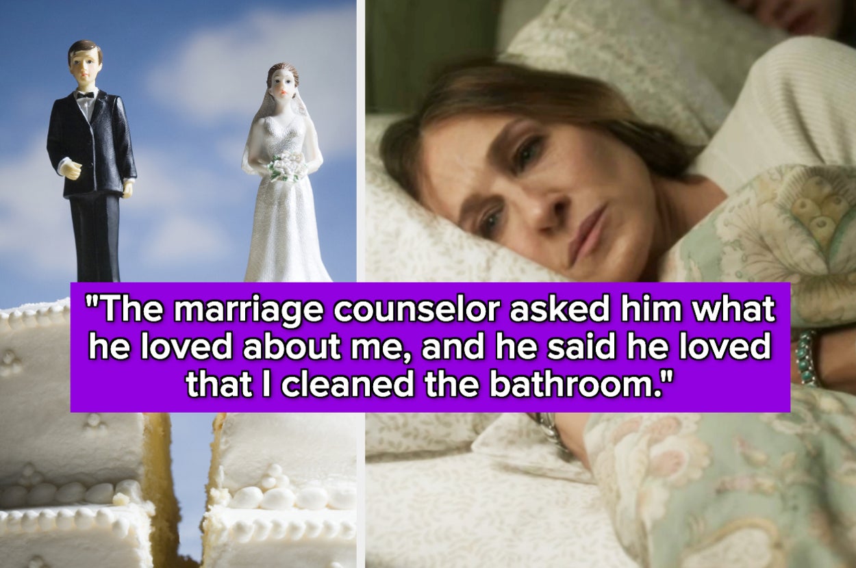 "The marriage counselor asked him what he loved about me, and he said he loved that I cleaned the bathroom" over a wedding cake cut down the middle and sarah jessica parker laying in bed sadly
