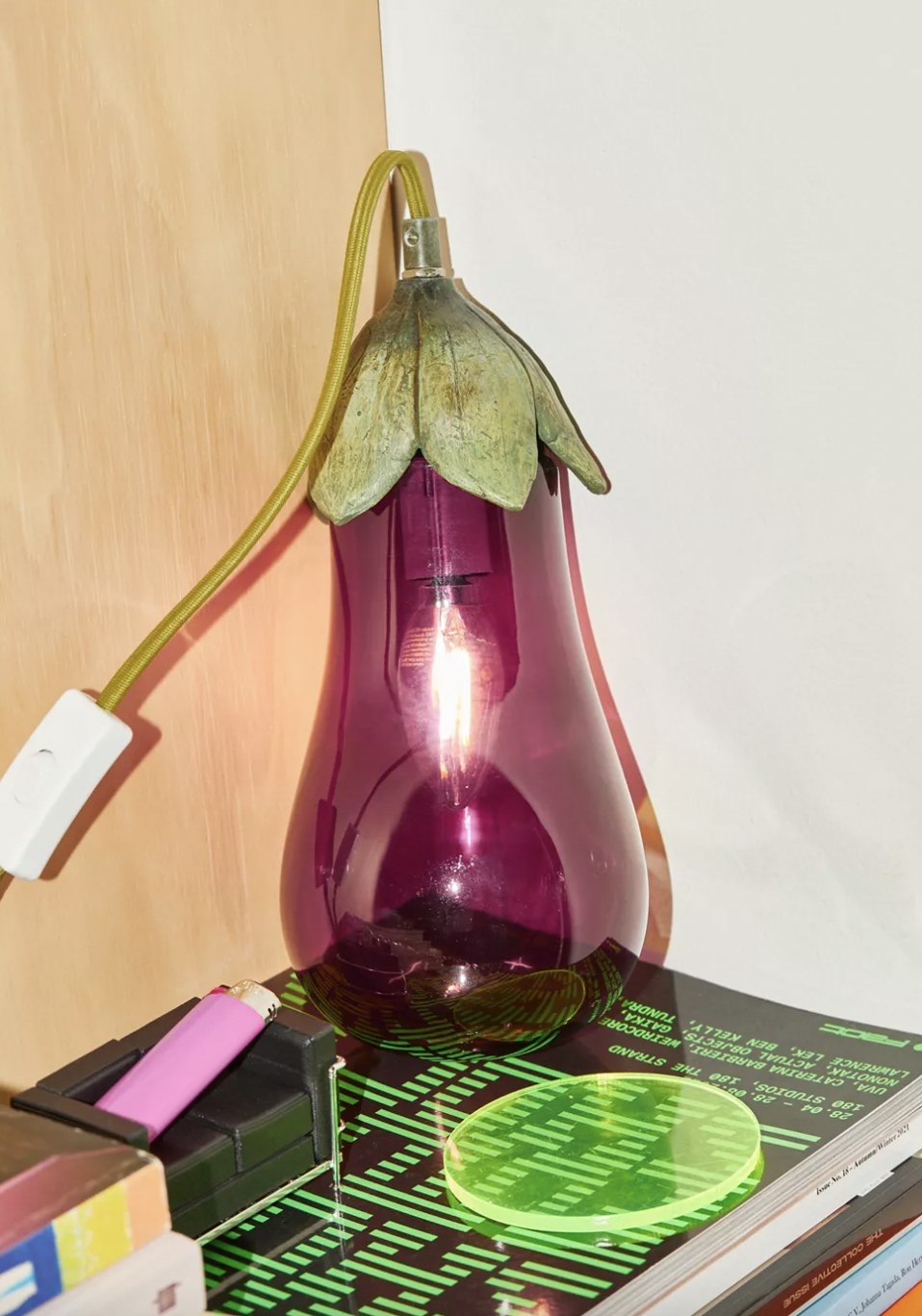 A glass eggplant lamp