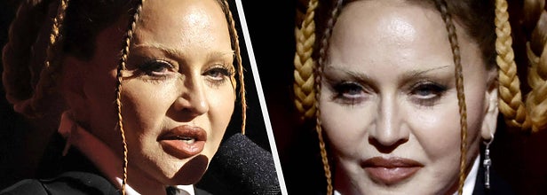 Madonna speaks into a microphone she's holding with her left hand while looking over to the right at a crowd vs Madonna looking off to the right while on the Grammys stage