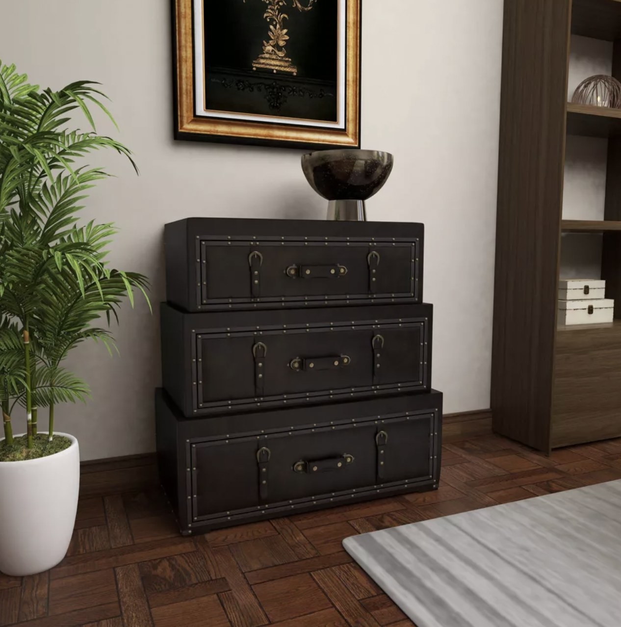 the trunk dresser in room with decorative bowl on top