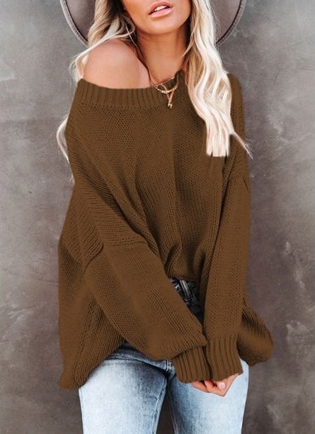 Image of model wearing brown sweater