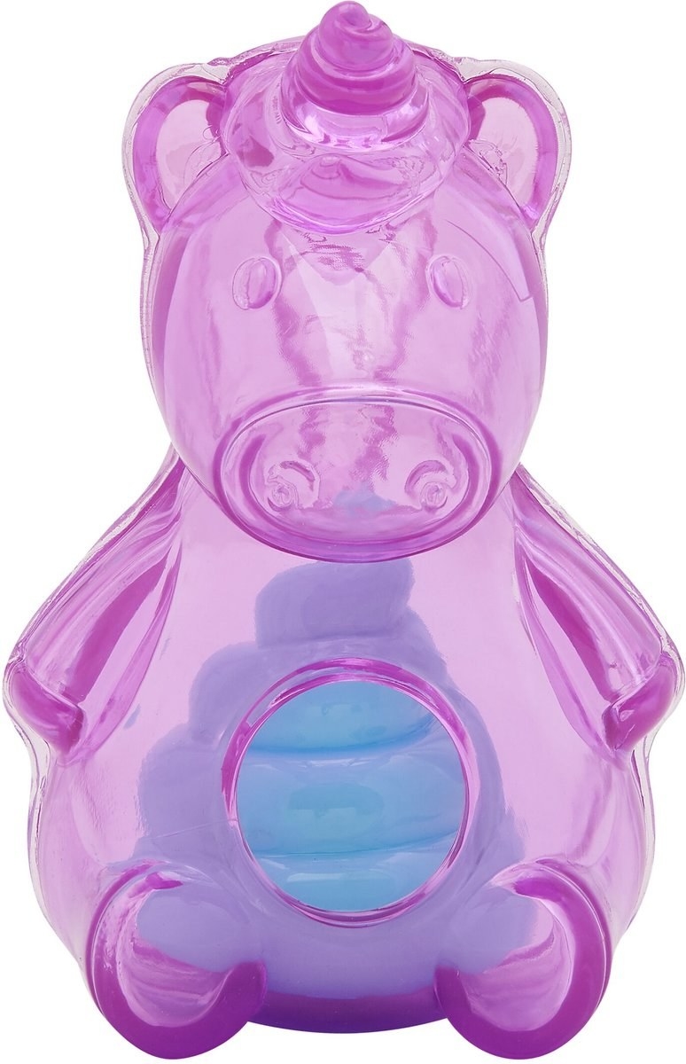 A close up of the transparent purple unicorn toy
