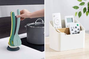 on left, hand picking up blue spatula next to pot on stove. on right, white remote organizer with charging cables on table