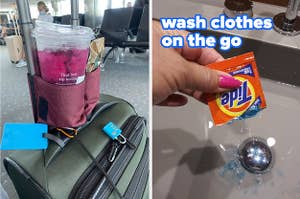 travel coffee holder on handles of rolling suitcase, hand dumping a packet of Tide clothes detergent into a sink