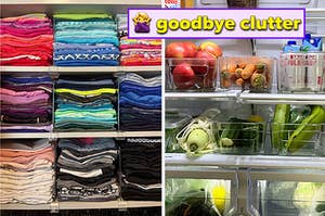perfectly folded stacks of clothes separated by dividers / clear refrigerated bins holding various produce