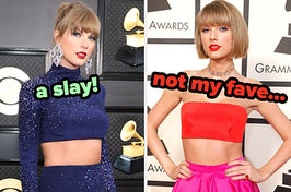 On the left, Taylor Swift wearing a sparkly two piece outfit at the 2023 Grammys labeled a slay, and on the right, Taylor wearing a long skirt and bandeau top at the 2016 Grammys labeled not my fave
