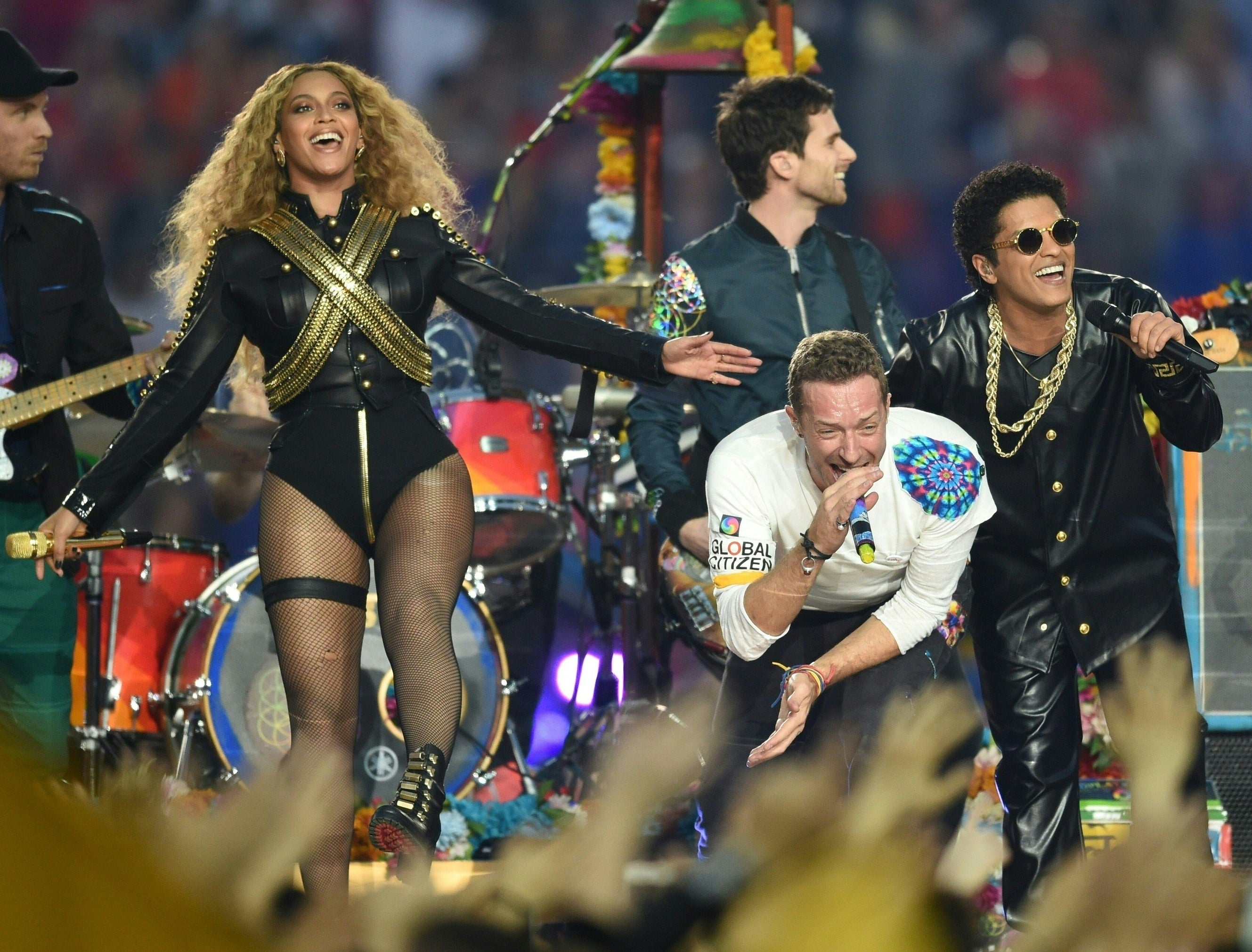 Beyonce, Chris Martin and Bruno Mars perform during Super Bowl 50
