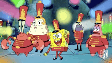Spongebob dancing around in a drum major costume as other characters join the marching band