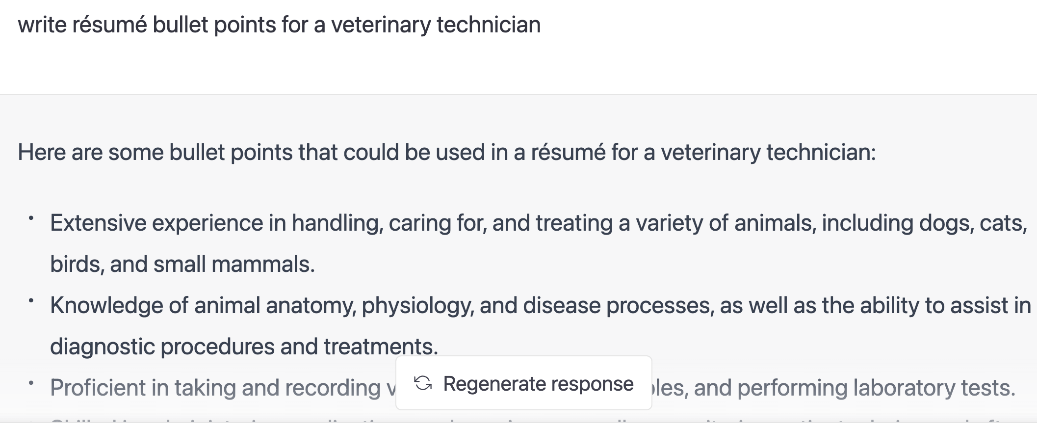 sample ChatGPT bullet points for a veterinary technician resume