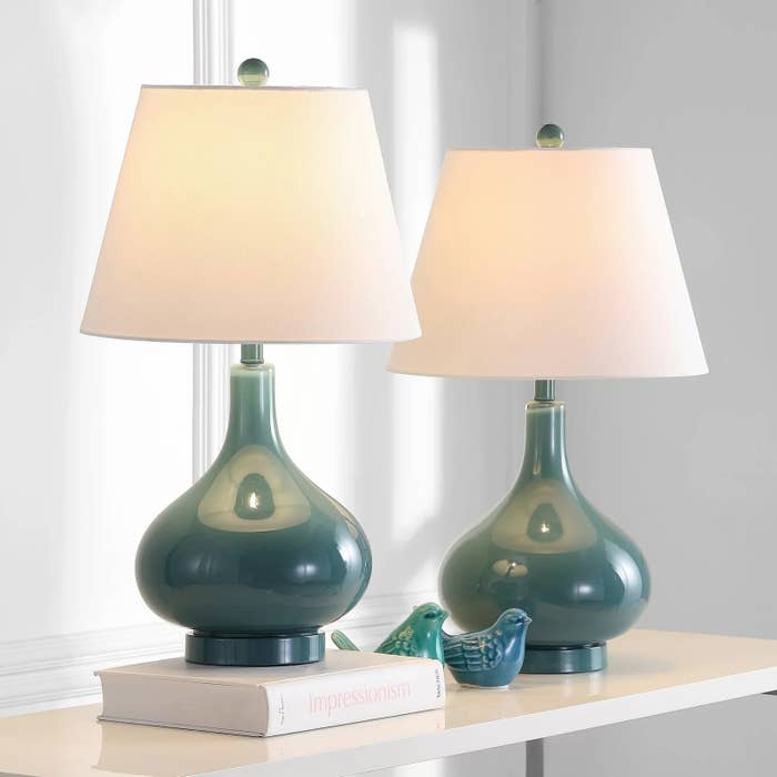 Image of two blue table lamps