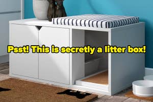 a white enclosed litter box that looks like a cabinet and has a flat top for seating or storage