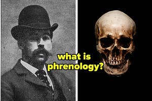 two images: on the right is serial killer hh holmes and on the right is a human skull