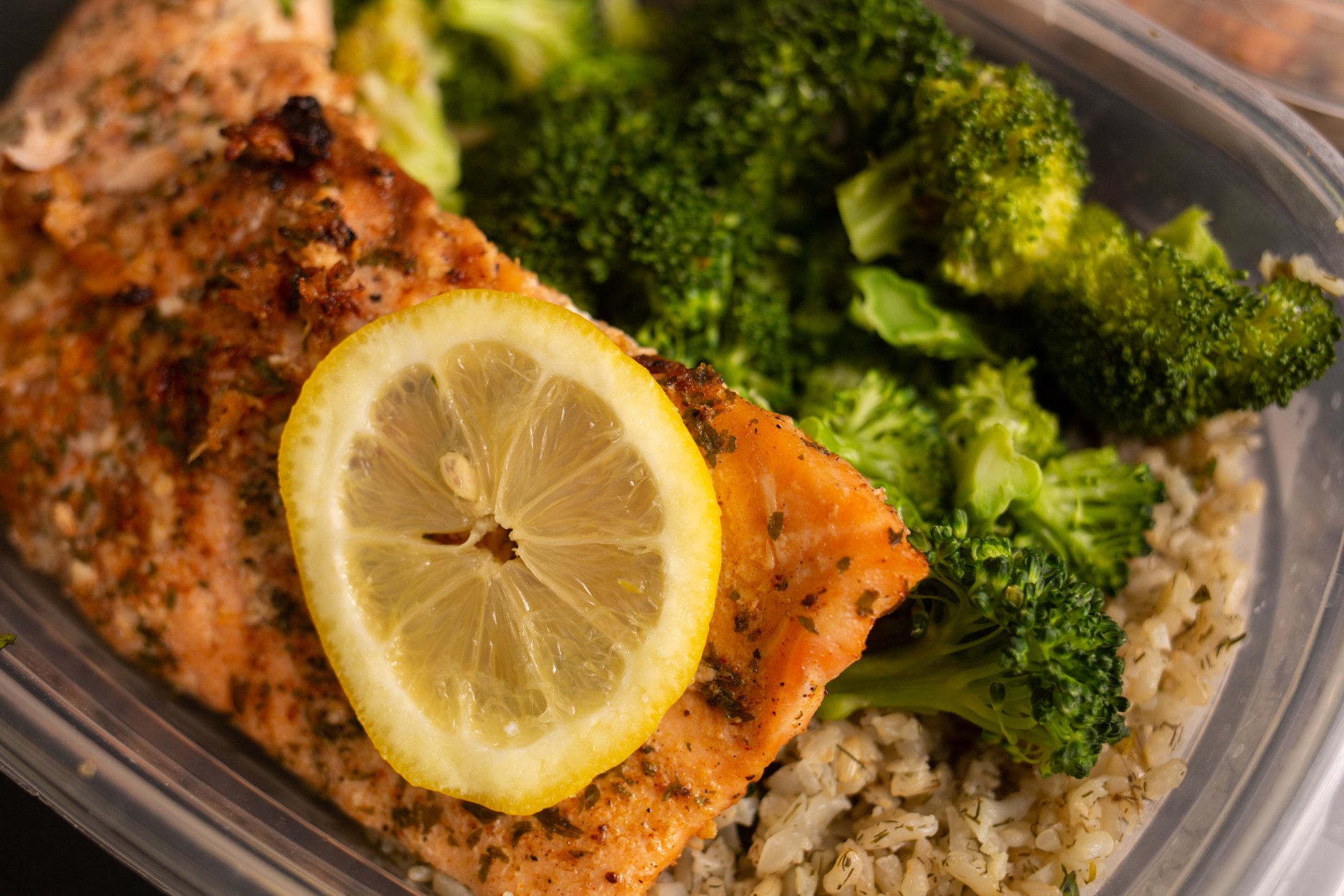 Salmon with broccoli and rice.