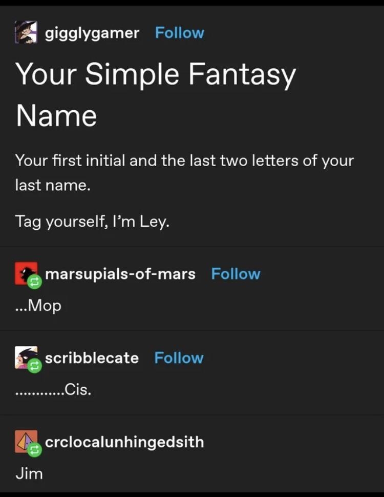 Person coming up with a fantasy name generator and people get Mop, Cis, and Jim