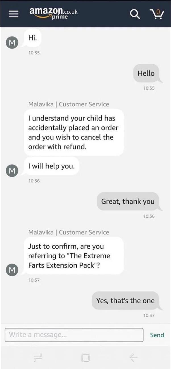 Person talking with an Amazon rep and canceling an order for the Extreme Farts  Extension Pack, placed by their child