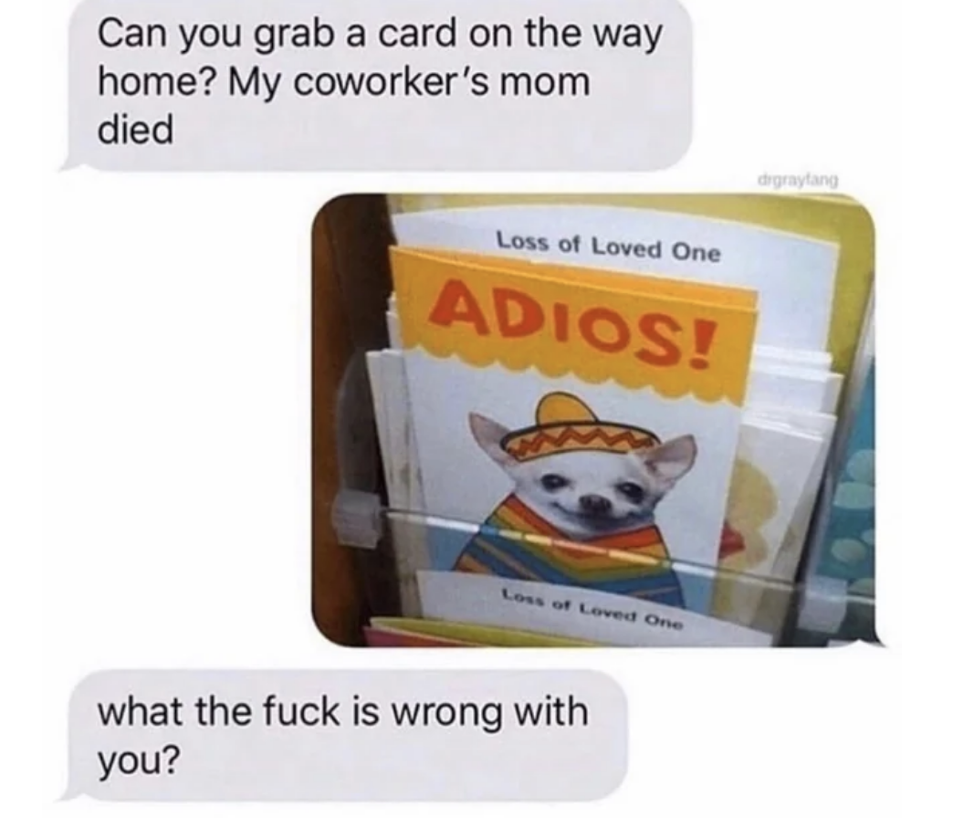 A person asks their spouse to get a card on their way home because their coworker&#x27;s mom died, the spouse sends a photo of a card with a dog wearing a sombrero saying &quot;adios,&quot; and the first person says &quot;what the fuck is wrong with you?&quot;