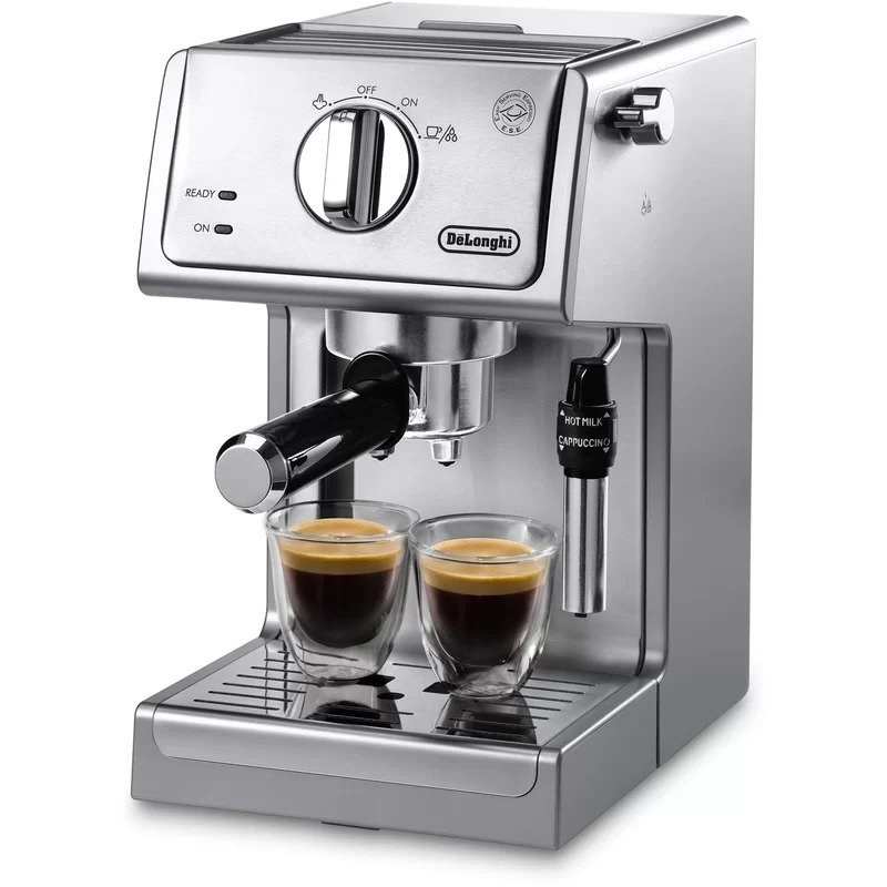 The silver espresso machine with two full cups of espresso shots