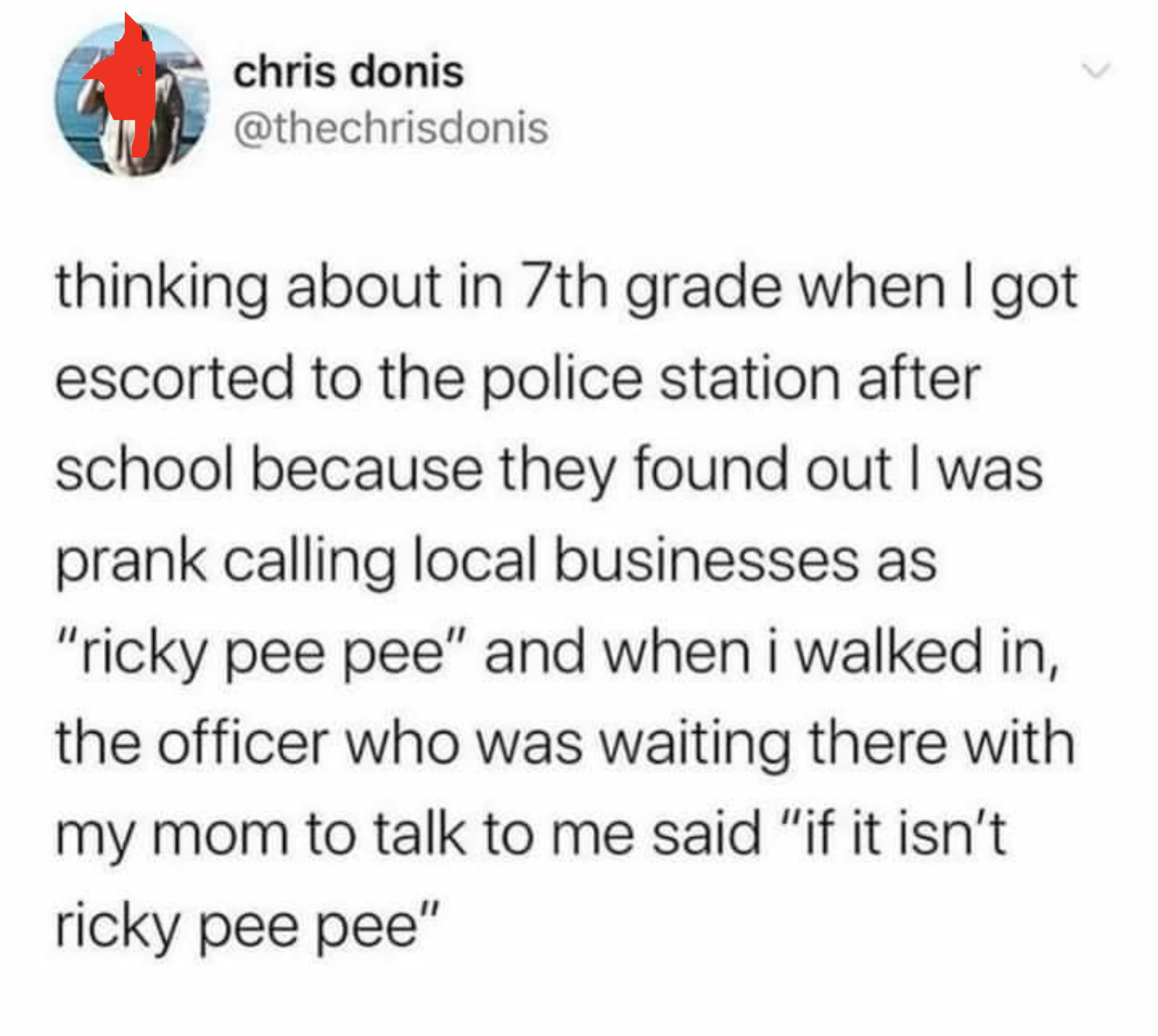 Story about a kid calling himself Ricky Pee Pee during prank calls and getting in trouble, and cops calling him that
