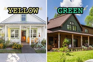 On the left, a home with a front porch with a fan on it and a bike and flowers in front of it labeled yellow, and on the right, a cabin on a sunny day labeled green