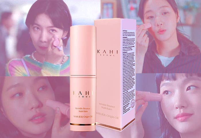 A chapstick-like product beside a box reads &quot;kahi Seoul&quot; in the middle of images of four characters from Korean TV dramas