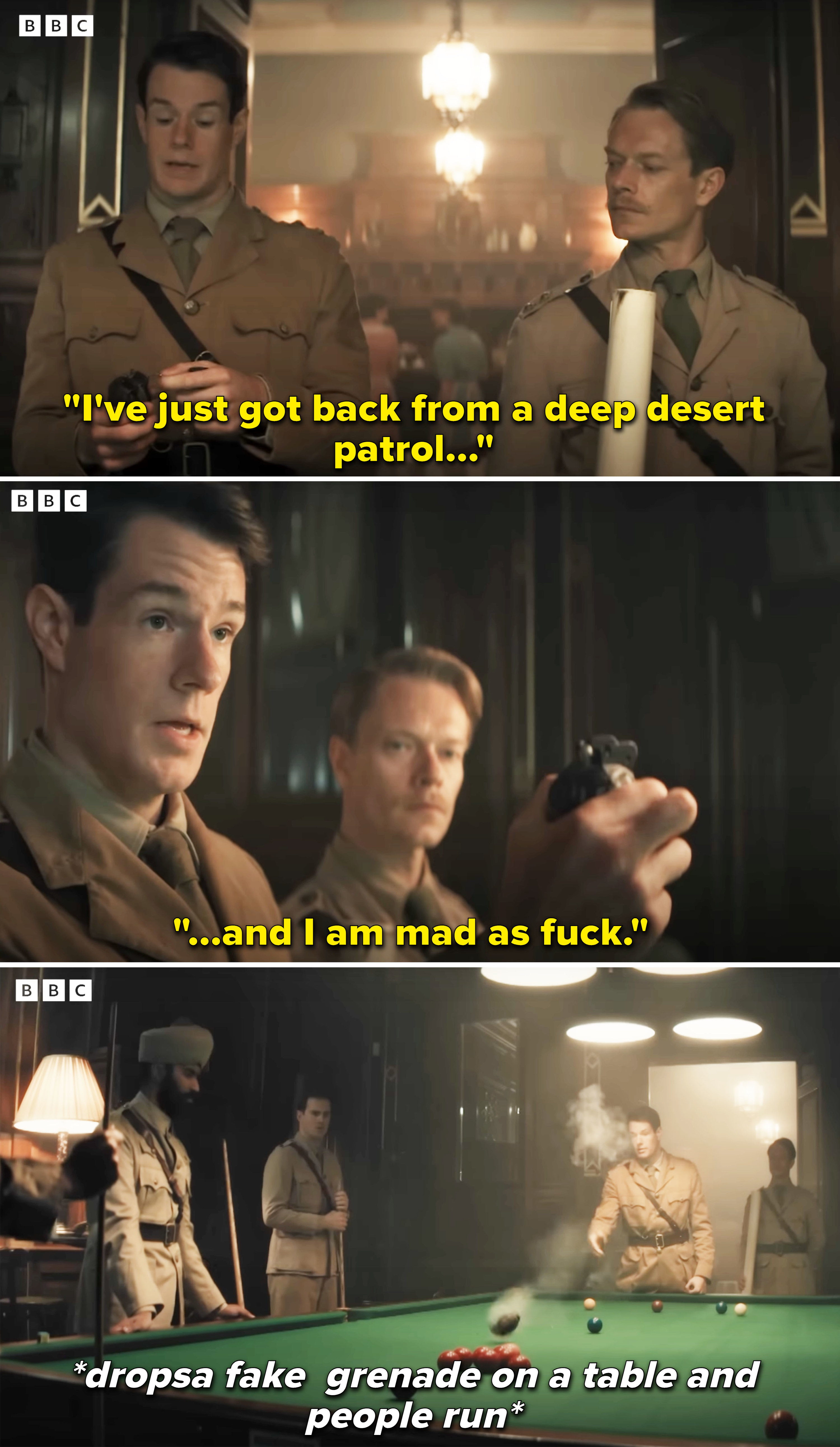 Connor&#x27;s character saying he&#x27;s mad as fuck before dropping a grenade on a pool table