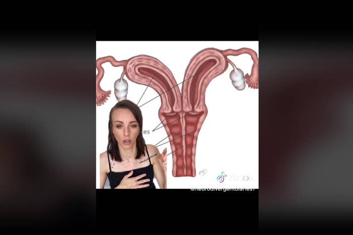 A screengrab from a TikTok shows a diagram of female reproductive anatomy with Scarlett Rose in the corner, speaking to the camera