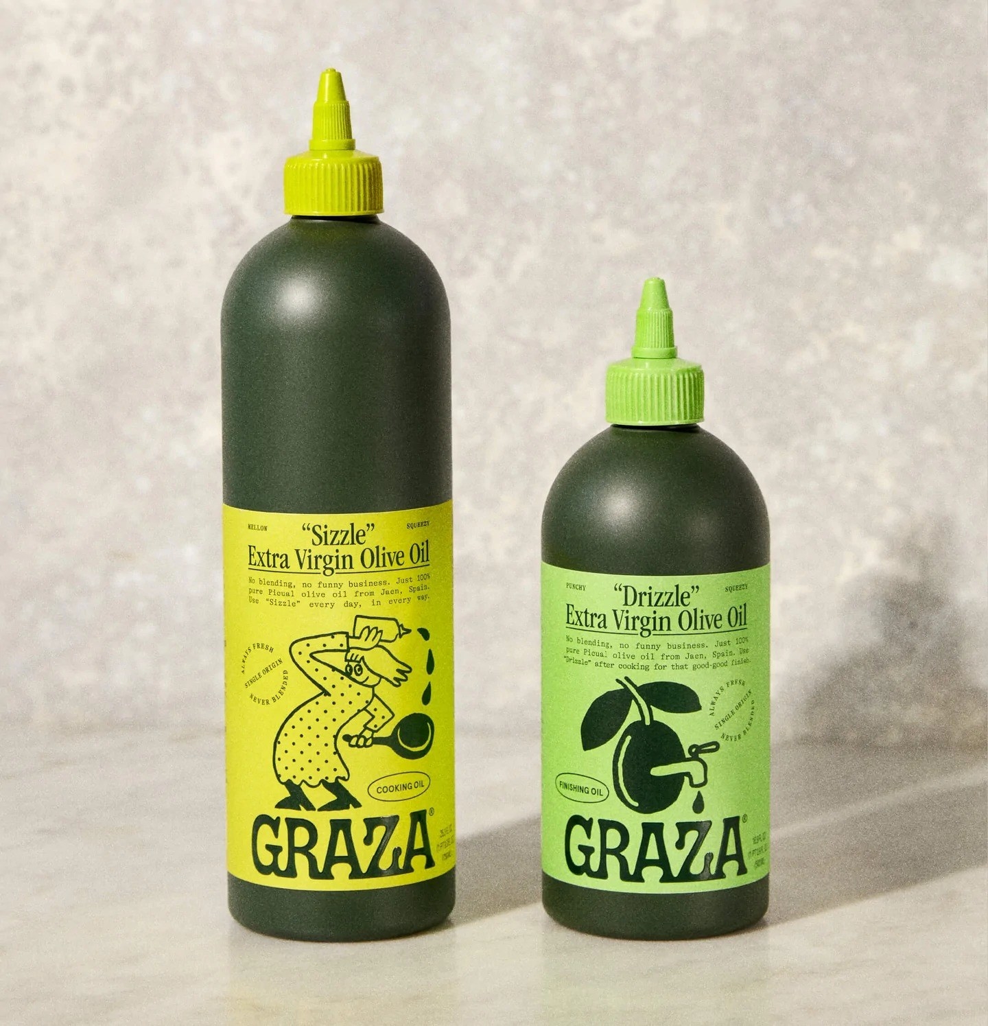 The bottles: a larger for cooking and a smaller for finishing