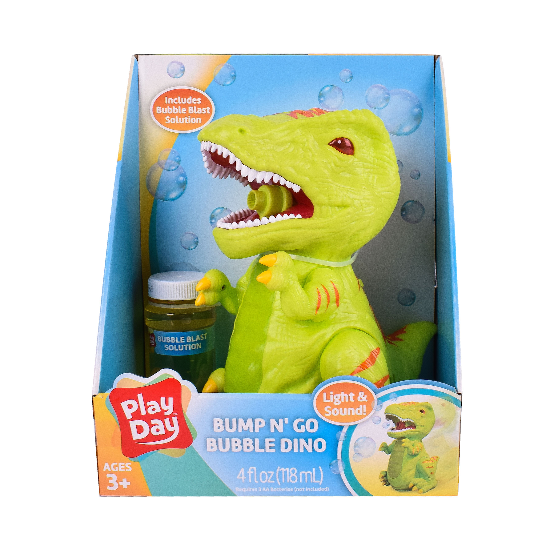 A dinosaur toy that blows bubbles