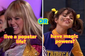 two images: on the left is hannah montana, on the right is alex from wizards of waverly place