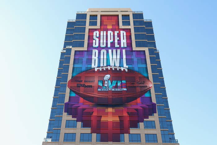 super bowl sign on a skyscraper