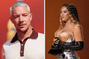 Diplo looks to the left at photographers taking his picture vs Beyoncé holding a Grammy with both hands while giving a speech