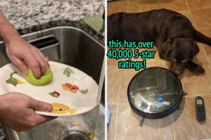 on left, hand washing dish with green reusable Swedish cloth. on right, dog laying next to robo vacuum "this has over 40,000 5-star ratings!"