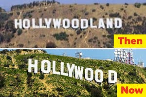 The Hollywood sign in the 1920s and today