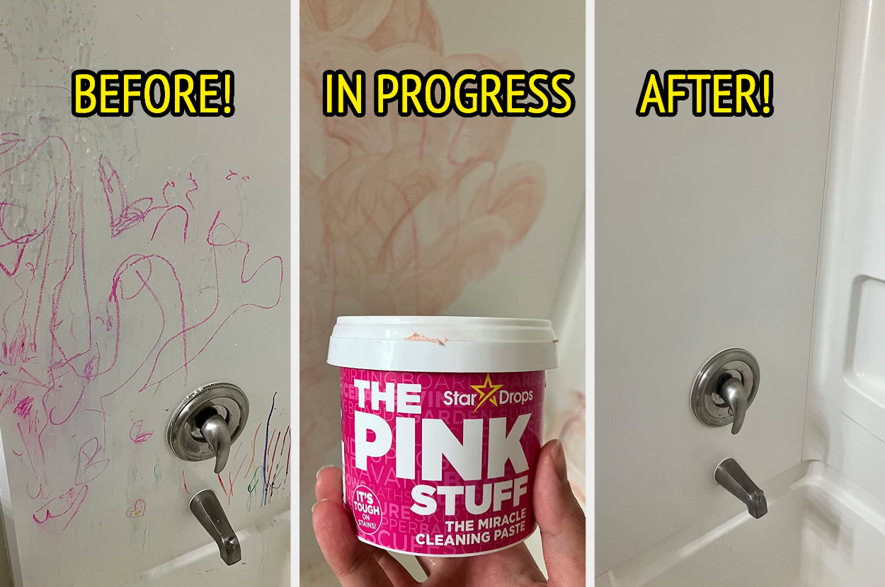 left to right: shower wall with crayon scribbles, the pink stuff on the same shower wall, and same shower wall with stains removed after using the cleaning paste