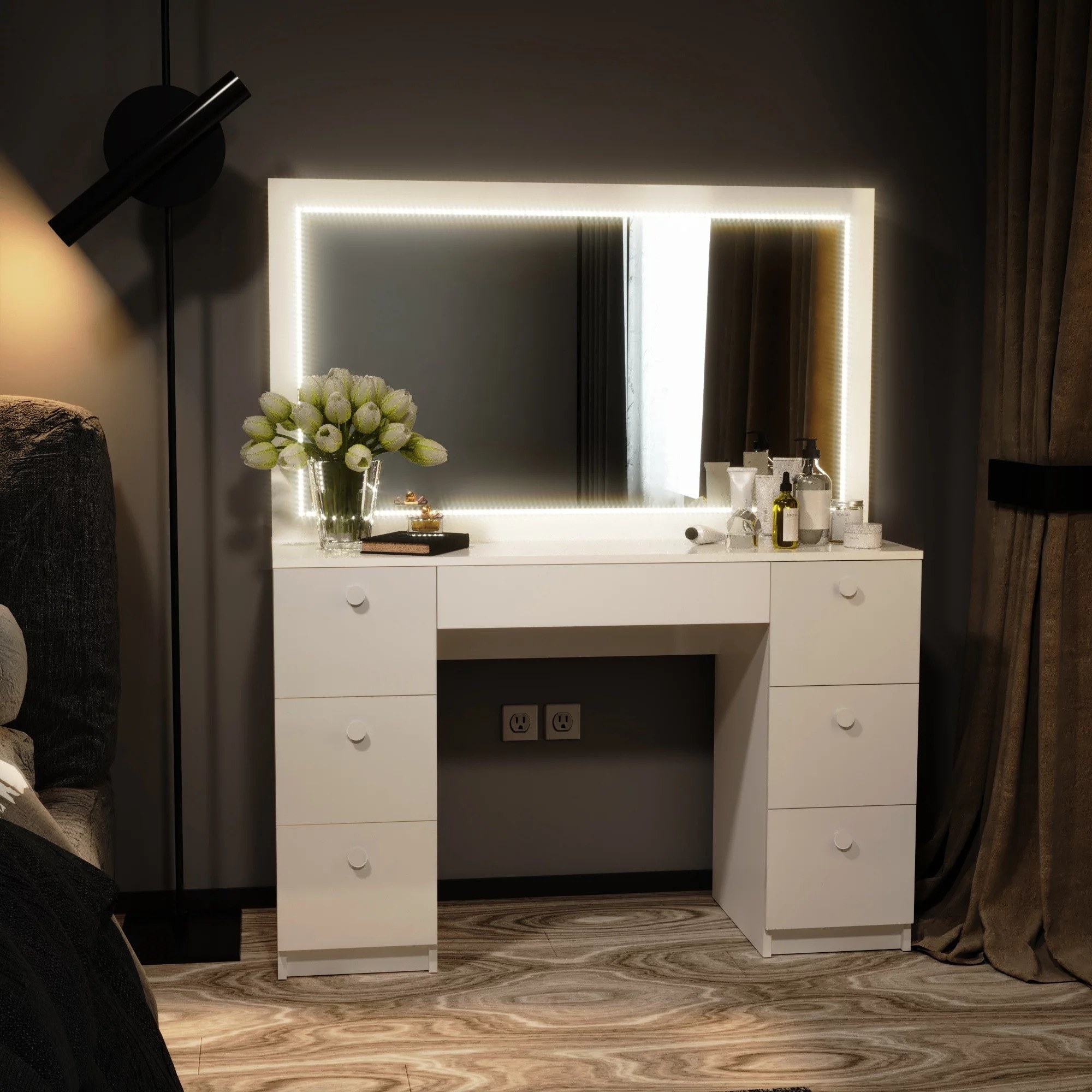 the white vanity in a bedroom